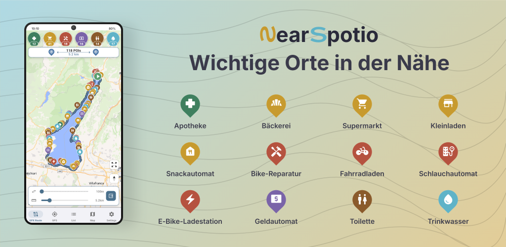 NearSpotio App zeigt POIs entlang einer GPX-Fahrradroute