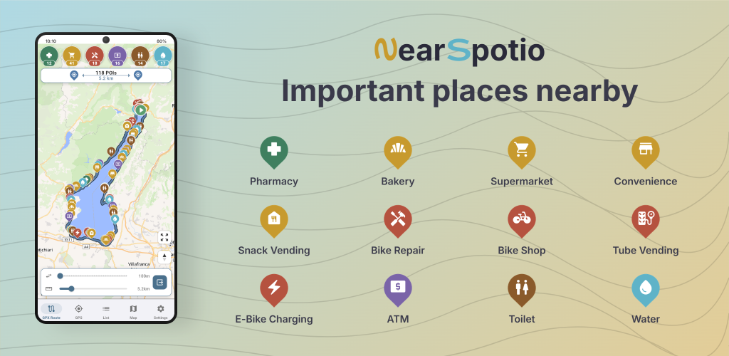 NearSpotio app showing POIs along a GPX cycling route